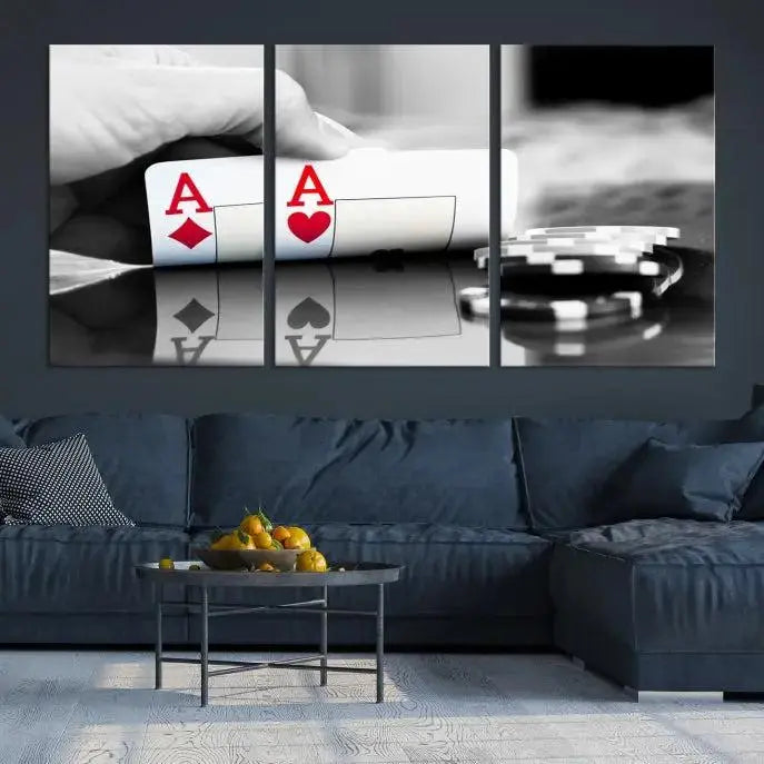 The split image of a poker hand displaying two aces and poker chips on a reflective table is captured in this wall art. Titled "Aces Poker Art Poker Game Wall Art Canvas Print," it is crafted on museum-quality canvas to convey elegance and precision. Enjoy the added perk of free shipping on this masterpiece made in the USA.