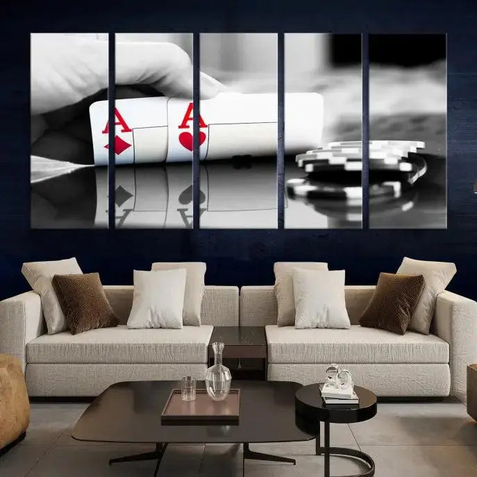 The split image of a poker hand displaying two aces and poker chips on a reflective table is captured in this wall art. Titled "Aces Poker Art Poker Game Wall Art Canvas Print," it is crafted on museum-quality canvas to convey elegance and precision. Enjoy the added perk of free shipping on this masterpiece made in the USA.