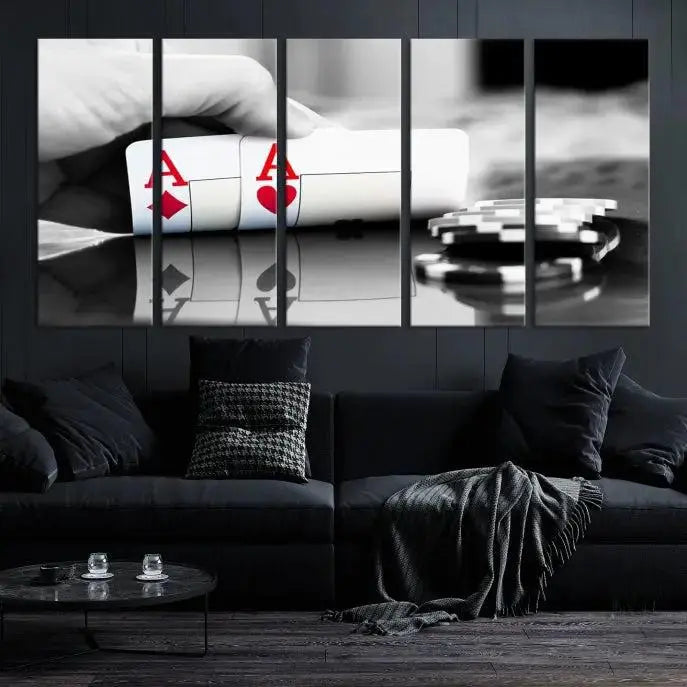 The split image of a poker hand displaying two aces and poker chips on a reflective table is captured in this wall art. Titled "Aces Poker Art Poker Game Wall Art Canvas Print," it is crafted on museum-quality canvas to convey elegance and precision. Enjoy the added perk of free shipping on this masterpiece made in the USA.