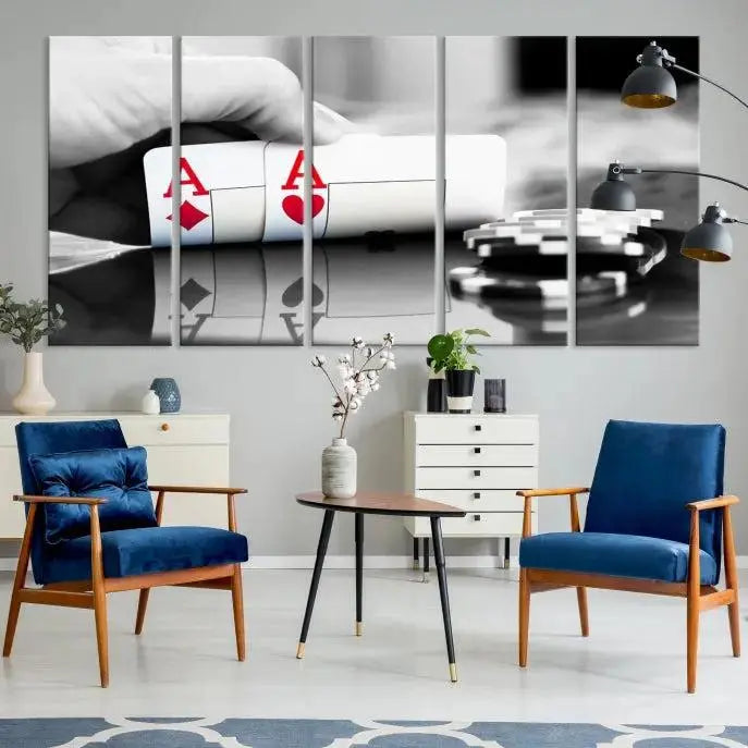 The split image of a poker hand displaying two aces and poker chips on a reflective table is captured in this wall art. Titled "Aces Poker Art Poker Game Wall Art Canvas Print," it is crafted on museum-quality canvas to convey elegance and precision. Enjoy the added perk of free shipping on this masterpiece made in the USA.