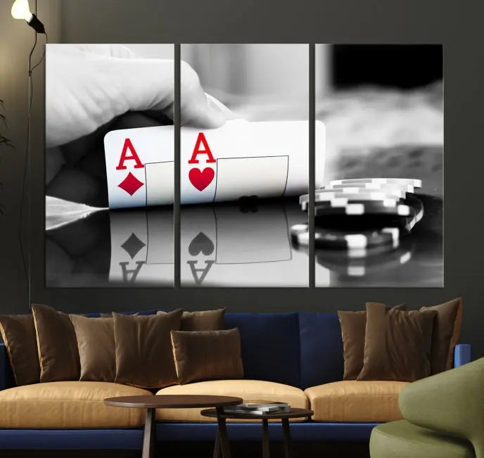 The split image of a poker hand displaying two aces and poker chips on a reflective table is captured in this wall art. Titled "Aces Poker Art Poker Game Wall Art Canvas Print," it is crafted on museum-quality canvas to convey elegance and precision. Enjoy the added perk of free shipping on this masterpiece made in the USA.