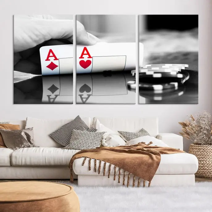 The split image of a poker hand displaying two aces and poker chips on a reflective table is captured in this wall art. Titled "Aces Poker Art Poker Game Wall Art Canvas Print," it is crafted on museum-quality canvas to convey elegance and precision. Enjoy the added perk of free shipping on this masterpiece made in the USA.