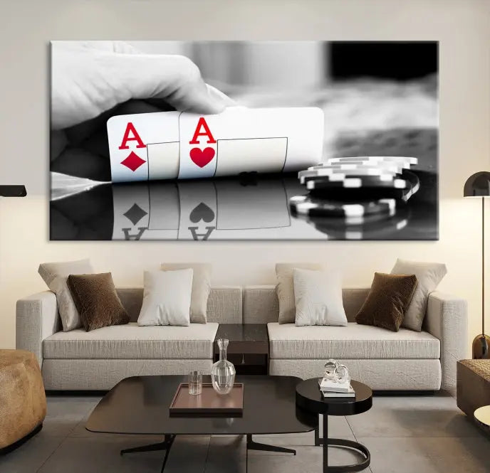 The split image of a poker hand displaying two aces and poker chips on a reflective table is captured in this wall art. Titled "Aces Poker Art Poker Game Wall Art Canvas Print," it is crafted on museum-quality canvas to convey elegance and precision. Enjoy the added perk of free shipping on this masterpiece made in the USA.