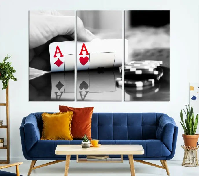 The split image of a poker hand displaying two aces and poker chips on a reflective table is captured in this wall art. Titled "Aces Poker Art Poker Game Wall Art Canvas Print," it is crafted on museum-quality canvas to convey elegance and precision. Enjoy the added perk of free shipping on this masterpiece made in the USA.