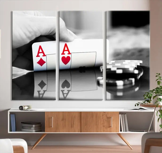 The split image of a poker hand displaying two aces and poker chips on a reflective table is captured in this wall art. Titled "Aces Poker Art Poker Game Wall Art Canvas Print," it is crafted on museum-quality canvas to convey elegance and precision. Enjoy the added perk of free shipping on this masterpiece made in the USA.