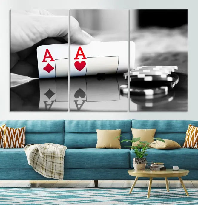 The split image of a poker hand displaying two aces and poker chips on a reflective table is captured in this wall art. Titled "Aces Poker Art Poker Game Wall Art Canvas Print," it is crafted on museum-quality canvas to convey elegance and precision. Enjoy the added perk of free shipping on this masterpiece made in the USA.