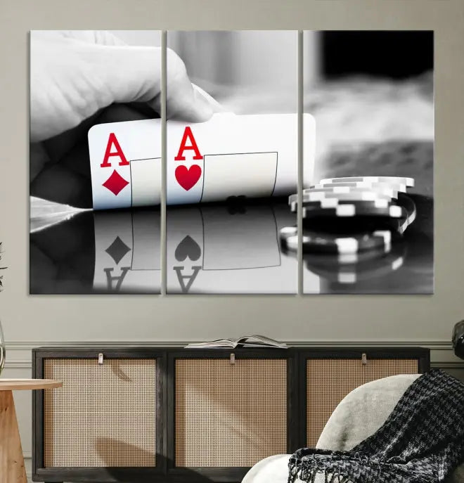 The split image of a poker hand displaying two aces and poker chips on a reflective table is captured in this wall art. Titled "Aces Poker Art Poker Game Wall Art Canvas Print," it is crafted on museum-quality canvas to convey elegance and precision. Enjoy the added perk of free shipping on this masterpiece made in the USA.