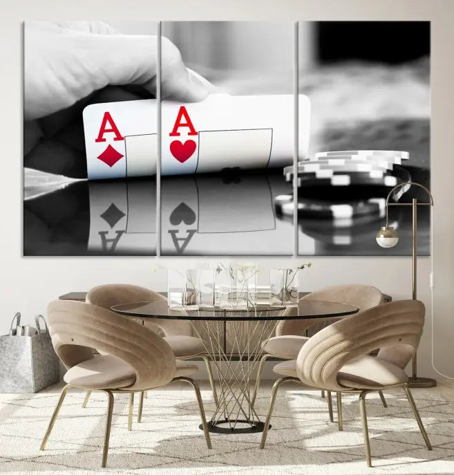 The split image of a poker hand displaying two aces and poker chips on a reflective table is captured in this wall art. Titled "Aces Poker Art Poker Game Wall Art Canvas Print," it is crafted on museum-quality canvas to convey elegance and precision. Enjoy the added perk of free shipping on this masterpiece made in the USA.