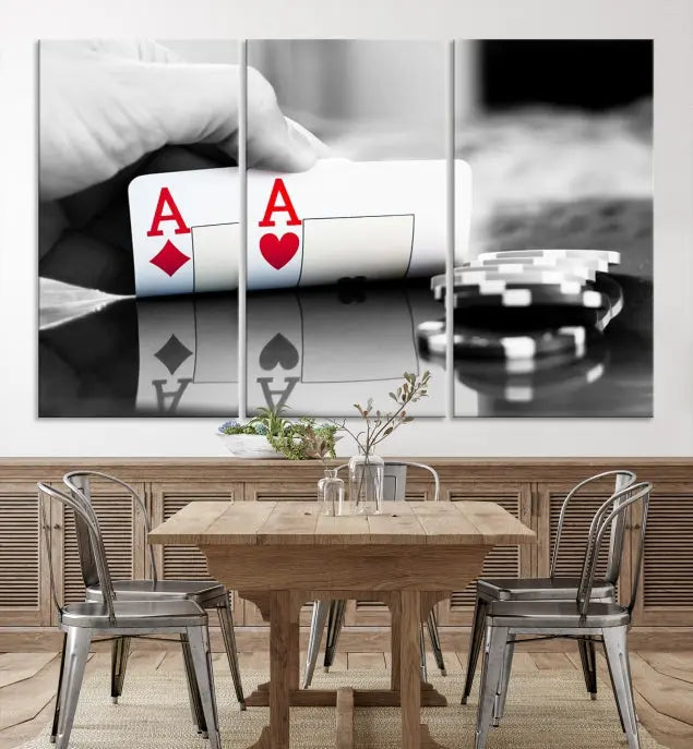 The split image of a poker hand displaying two aces and poker chips on a reflective table is captured in this wall art. Titled "Aces Poker Art Poker Game Wall Art Canvas Print," it is crafted on museum-quality canvas to convey elegance and precision. Enjoy the added perk of free shipping on this masterpiece made in the USA.