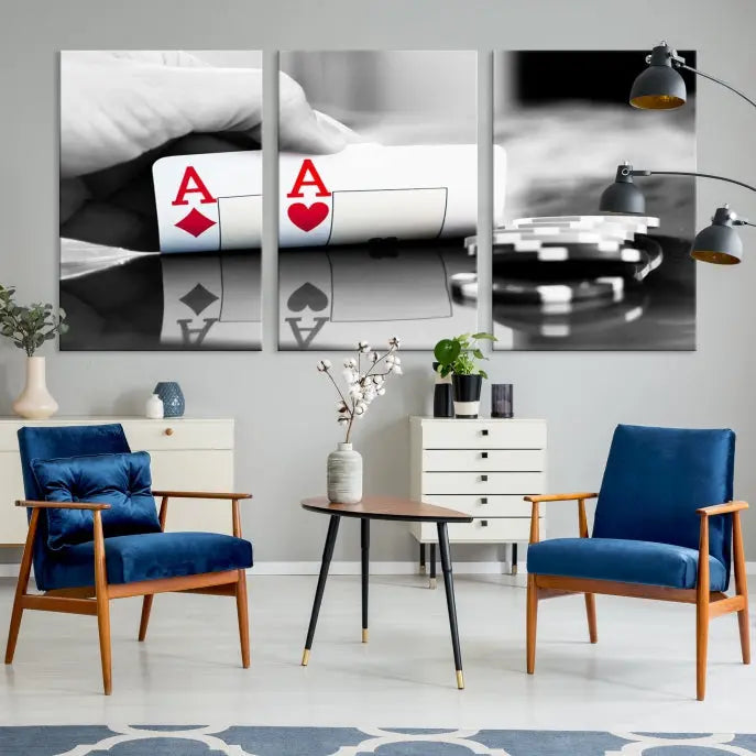 The split image of a poker hand displaying two aces and poker chips on a reflective table is captured in this wall art. Titled "Aces Poker Art Poker Game Wall Art Canvas Print," it is crafted on museum-quality canvas to convey elegance and precision. Enjoy the added perk of free shipping on this masterpiece made in the USA.