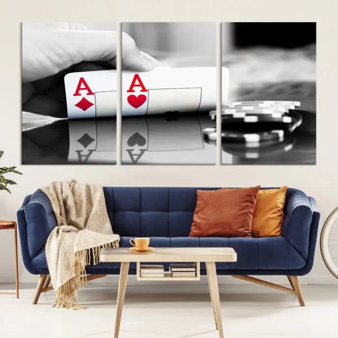 The split image of a poker hand displaying two aces and poker chips on a reflective table is captured in this wall art. Titled "Aces Poker Art Poker Game Wall Art Canvas Print," it is crafted on museum-quality canvas to convey elegance and precision. Enjoy the added perk of free shipping on this masterpiece made in the USA.