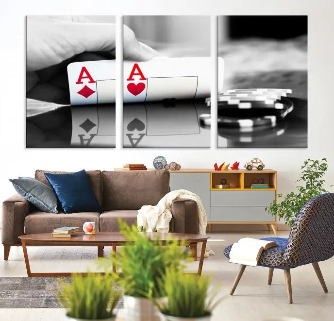 The split image of a poker hand displaying two aces and poker chips on a reflective table is captured in this wall art. Titled "Aces Poker Art Poker Game Wall Art Canvas Print," it is crafted on museum-quality canvas to convey elegance and precision. Enjoy the added perk of free shipping on this masterpiece made in the USA.