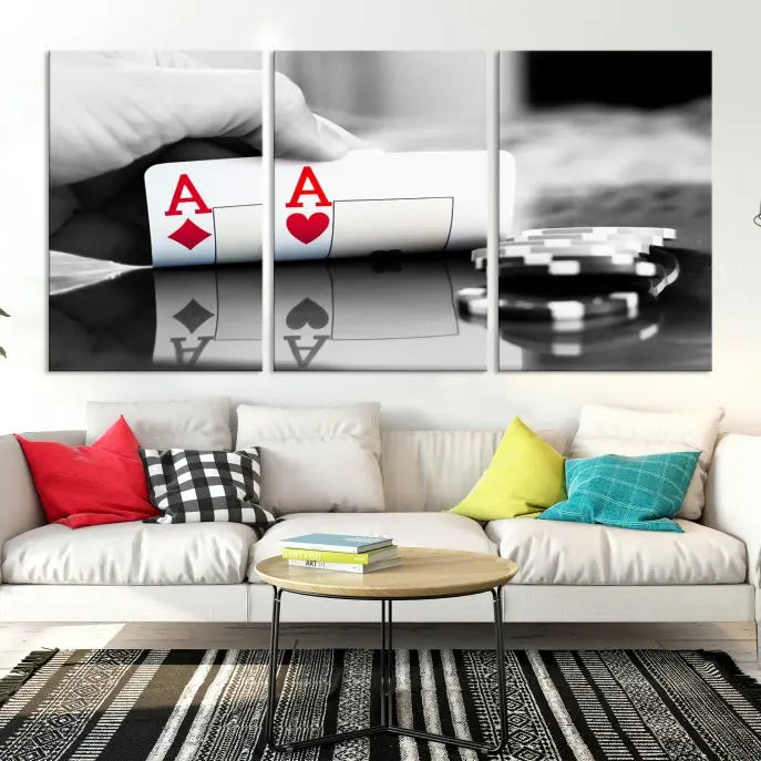 The split image of a poker hand displaying two aces and poker chips on a reflective table is captured in this wall art. Titled "Aces Poker Art Poker Game Wall Art Canvas Print," it is crafted on museum-quality canvas to convey elegance and precision. Enjoy the added perk of free shipping on this masterpiece made in the USA.