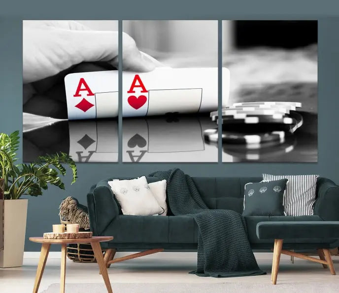 The split image of a poker hand displaying two aces and poker chips on a reflective table is captured in this wall art. Titled "Aces Poker Art Poker Game Wall Art Canvas Print," it is crafted on museum-quality canvas to convey elegance and precision. Enjoy the added perk of free shipping on this masterpiece made in the USA.