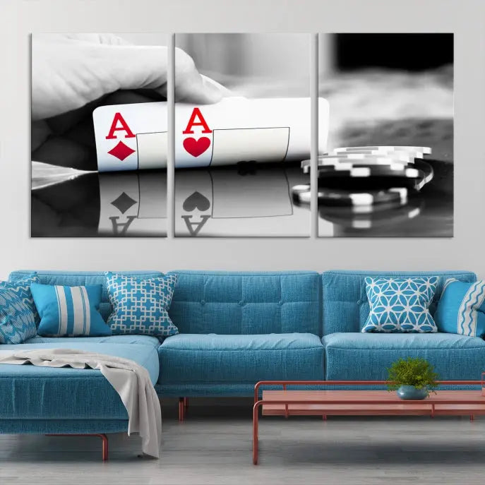 The split image of a poker hand displaying two aces and poker chips on a reflective table is captured in this wall art. Titled "Aces Poker Art Poker Game Wall Art Canvas Print," it is crafted on museum-quality canvas to convey elegance and precision. Enjoy the added perk of free shipping on this masterpiece made in the USA.