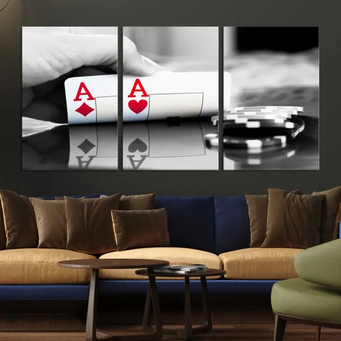 The split image of a poker hand displaying two aces and poker chips on a reflective table is captured in this wall art. Titled "Aces Poker Art Poker Game Wall Art Canvas Print," it is crafted on museum-quality canvas to convey elegance and precision. Enjoy the added perk of free shipping on this masterpiece made in the USA.