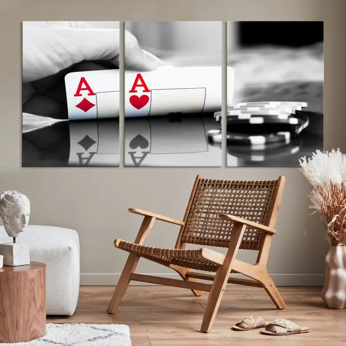 The split image of a poker hand displaying two aces and poker chips on a reflective table is captured in this wall art. Titled "Aces Poker Art Poker Game Wall Art Canvas Print," it is crafted on museum-quality canvas to convey elegance and precision. Enjoy the added perk of free shipping on this masterpiece made in the USA.