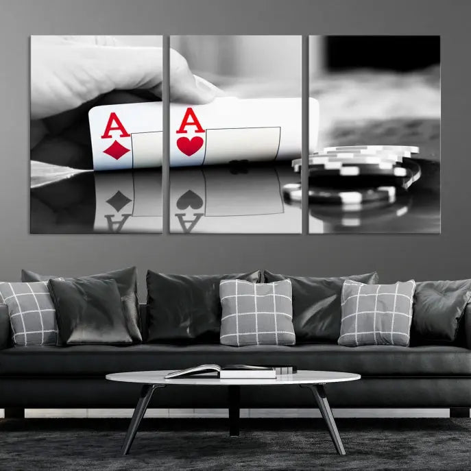 The split image of a poker hand displaying two aces and poker chips on a reflective table is captured in this wall art. Titled "Aces Poker Art Poker Game Wall Art Canvas Print," it is crafted on museum-quality canvas to convey elegance and precision. Enjoy the added perk of free shipping on this masterpiece made in the USA.