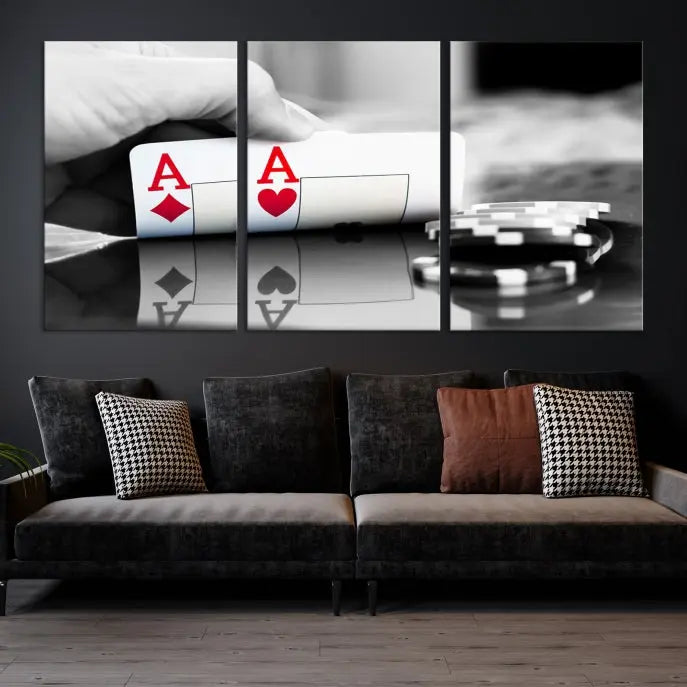 The split image of a poker hand displaying two aces and poker chips on a reflective table is captured in this wall art. Titled "Aces Poker Art Poker Game Wall Art Canvas Print," it is crafted on museum-quality canvas to convey elegance and precision. Enjoy the added perk of free shipping on this masterpiece made in the USA.