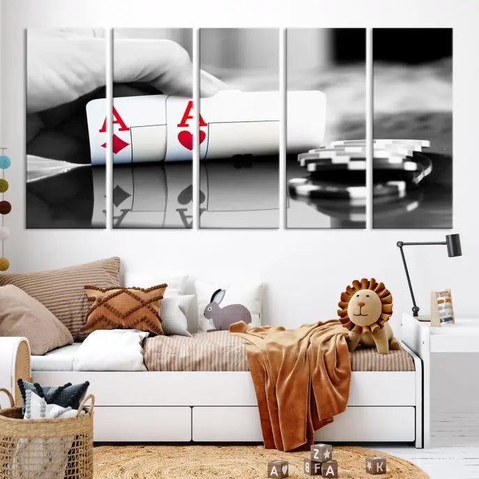 The split image of a poker hand displaying two aces and poker chips on a reflective table is captured in this wall art. Titled "Aces Poker Art Poker Game Wall Art Canvas Print," it is crafted on museum-quality canvas to convey elegance and precision. Enjoy the added perk of free shipping on this masterpiece made in the USA.