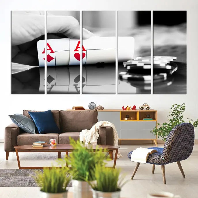 The split image of a poker hand displaying two aces and poker chips on a reflective table is captured in this wall art. Titled "Aces Poker Art Poker Game Wall Art Canvas Print," it is crafted on museum-quality canvas to convey elegance and precision. Enjoy the added perk of free shipping on this masterpiece made in the USA.