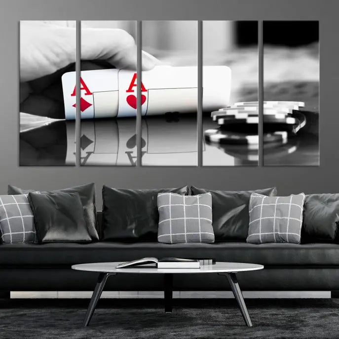 The split image of a poker hand displaying two aces and poker chips on a reflective table is captured in this wall art. Titled "Aces Poker Art Poker Game Wall Art Canvas Print," it is crafted on museum-quality canvas to convey elegance and precision. Enjoy the added perk of free shipping on this masterpiece made in the USA.