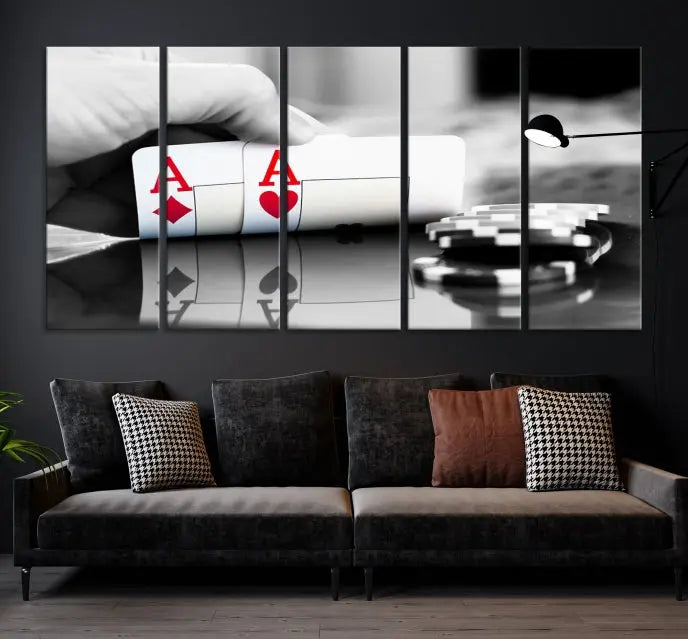 The split image of a poker hand displaying two aces and poker chips on a reflective table is captured in this wall art. Titled "Aces Poker Art Poker Game Wall Art Canvas Print," it is crafted on museum-quality canvas to convey elegance and precision. Enjoy the added perk of free shipping on this masterpiece made in the USA.