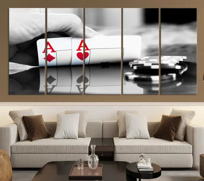 The split image of a poker hand displaying two aces and poker chips on a reflective table is captured in this wall art. Titled "Aces Poker Art Poker Game Wall Art Canvas Print," it is crafted on museum-quality canvas to convey elegance and precision. Enjoy the added perk of free shipping on this masterpiece made in the USA.