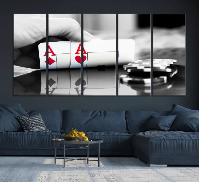 The split image of a poker hand displaying two aces and poker chips on a reflective table is captured in this wall art. Titled "Aces Poker Art Poker Game Wall Art Canvas Print," it is crafted on museum-quality canvas to convey elegance and precision. Enjoy the added perk of free shipping on this masterpiece made in the USA.