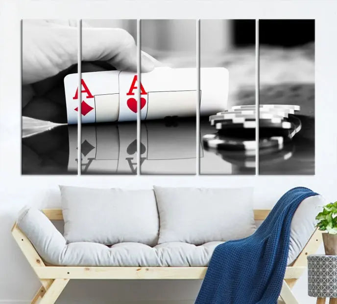 The split image of a poker hand displaying two aces and poker chips on a reflective table is captured in this wall art. Titled "Aces Poker Art Poker Game Wall Art Canvas Print," it is crafted on museum-quality canvas to convey elegance and precision. Enjoy the added perk of free shipping on this masterpiece made in the USA.