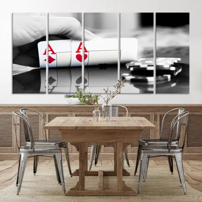 The split image of a poker hand displaying two aces and poker chips on a reflective table is captured in this wall art. Titled "Aces Poker Art Poker Game Wall Art Canvas Print," it is crafted on museum-quality canvas to convey elegance and precision. Enjoy the added perk of free shipping on this masterpiece made in the USA.