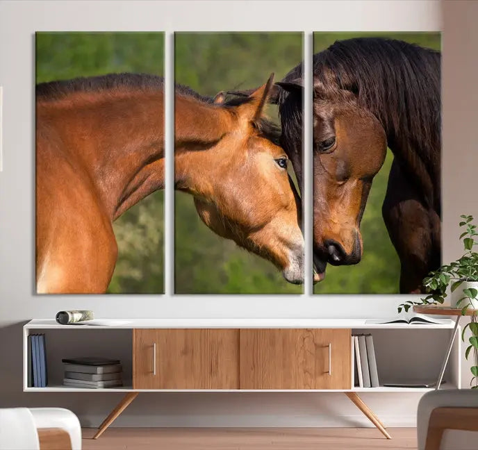 The "Adorable Horse Love Wall Art Animal Canvas Print," a triptych museum-quality canvas, graces the wall, depicting two horses nuzzling. This artwork is ready to hang and includes a UV-protective coating for lasting beauty.