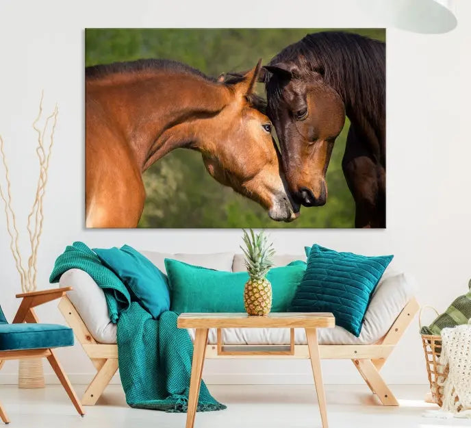 The "Adorable Horse Love Wall Art Animal Canvas Print," a triptych museum-quality canvas, graces the wall, depicting two horses nuzzling. This artwork is ready to hang and includes a UV-protective coating for lasting beauty.