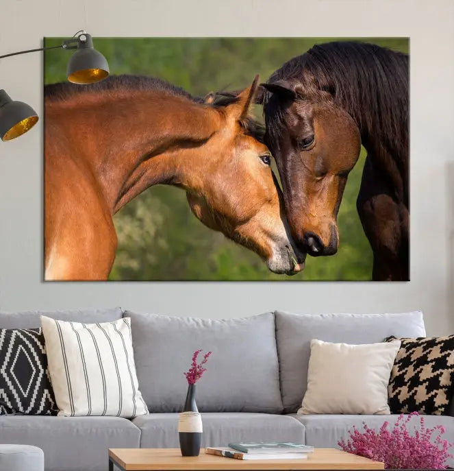 The "Adorable Horse Love Wall Art Animal Canvas Print," a triptych museum-quality canvas, graces the wall, depicting two horses nuzzling. This artwork is ready to hang and includes a UV-protective coating for lasting beauty.