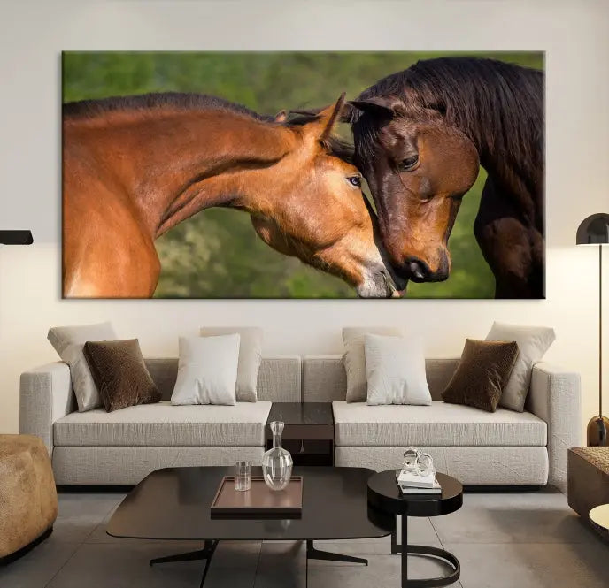 The "Adorable Horse Love Wall Art Animal Canvas Print," a triptych museum-quality canvas, graces the wall, depicting two horses nuzzling. This artwork is ready to hang and includes a UV-protective coating for lasting beauty.