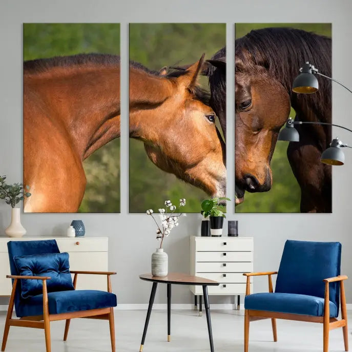 The "Adorable Horse Love Wall Art Animal Canvas Print," a triptych museum-quality canvas, graces the wall, depicting two horses nuzzling. This artwork is ready to hang and includes a UV-protective coating for lasting beauty.