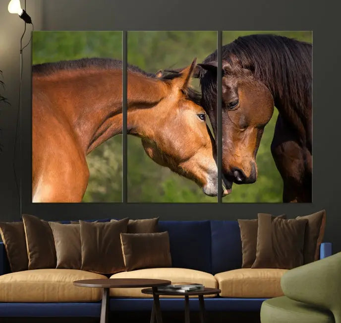 The "Adorable Horse Love Wall Art Animal Canvas Print," a triptych museum-quality canvas, graces the wall, depicting two horses nuzzling. This artwork is ready to hang and includes a UV-protective coating for lasting beauty.