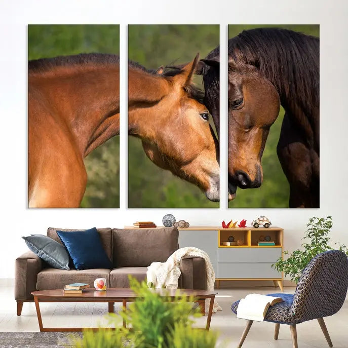 The "Adorable Horse Love Wall Art Animal Canvas Print," a triptych museum-quality canvas, graces the wall, depicting two horses nuzzling. This artwork is ready to hang and includes a UV-protective coating for lasting beauty.