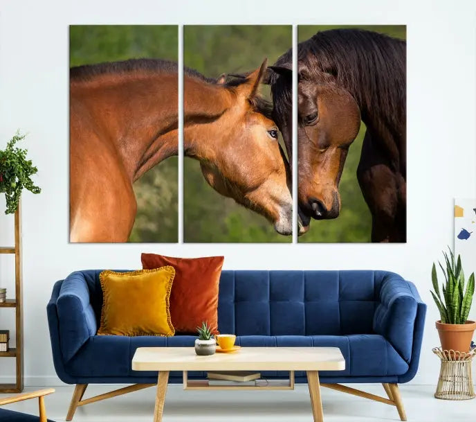 The "Adorable Horse Love Wall Art Animal Canvas Print," a triptych museum-quality canvas, graces the wall, depicting two horses nuzzling. This artwork is ready to hang and includes a UV-protective coating for lasting beauty.