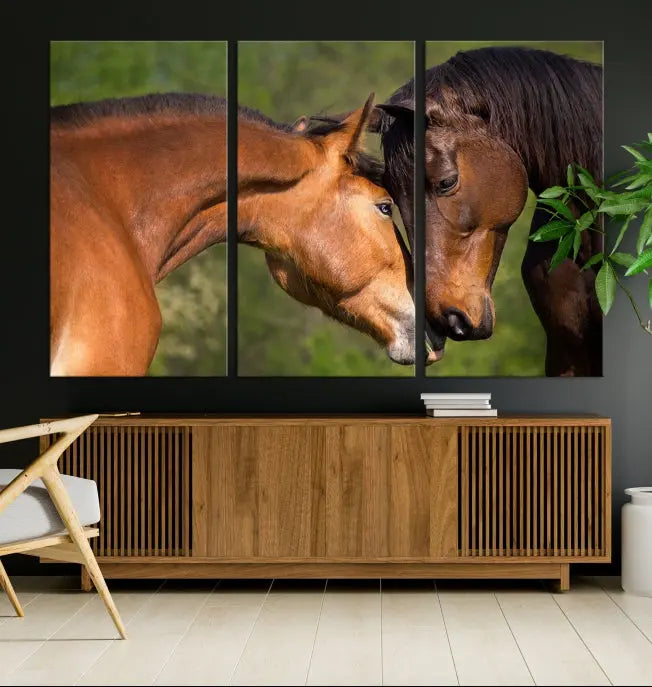 The "Adorable Horse Love Wall Art Animal Canvas Print," a triptych museum-quality canvas, graces the wall, depicting two horses nuzzling. This artwork is ready to hang and includes a UV-protective coating for lasting beauty.