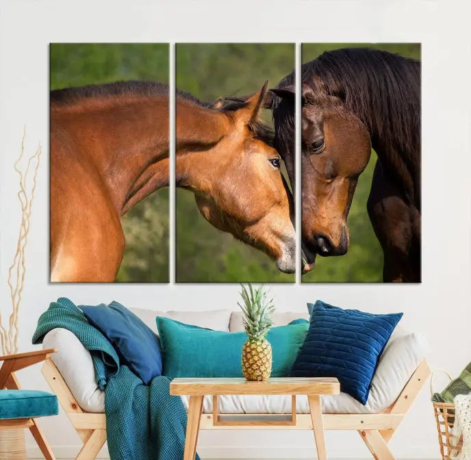 The "Adorable Horse Love Wall Art Animal Canvas Print," a triptych museum-quality canvas, graces the wall, depicting two horses nuzzling. This artwork is ready to hang and includes a UV-protective coating for lasting beauty.