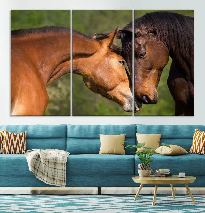 The "Adorable Horse Love Wall Art Animal Canvas Print," a triptych museum-quality canvas, graces the wall, depicting two horses nuzzling. This artwork is ready to hang and includes a UV-protective coating for lasting beauty.