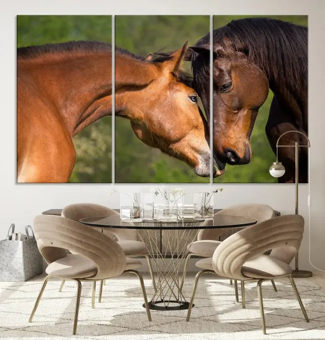 The "Adorable Horse Love Wall Art Animal Canvas Print," a triptych museum-quality canvas, graces the wall, depicting two horses nuzzling. This artwork is ready to hang and includes a UV-protective coating for lasting beauty.