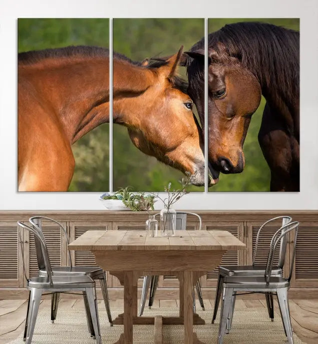 The "Adorable Horse Love Wall Art Animal Canvas Print," a triptych museum-quality canvas, graces the wall, depicting two horses nuzzling. This artwork is ready to hang and includes a UV-protective coating for lasting beauty.