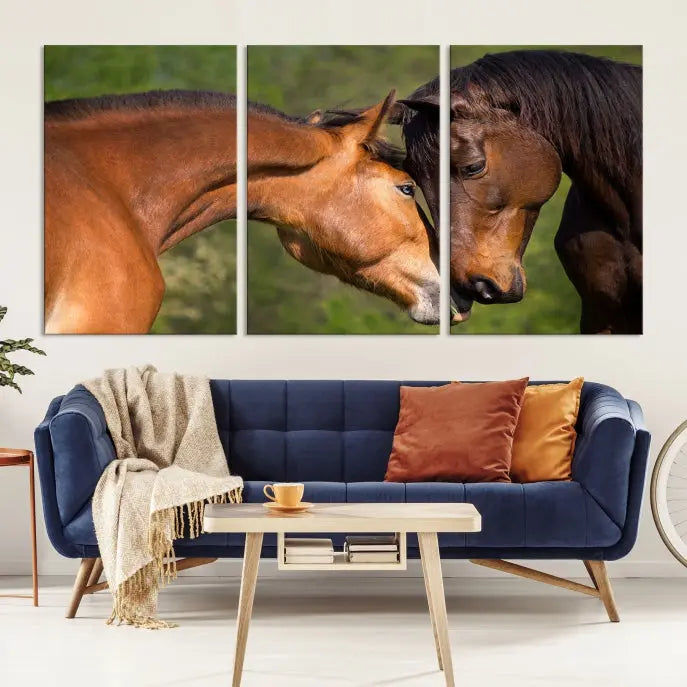 The "Adorable Horse Love Wall Art Animal Canvas Print," a triptych museum-quality canvas, graces the wall, depicting two horses nuzzling. This artwork is ready to hang and includes a UV-protective coating for lasting beauty.