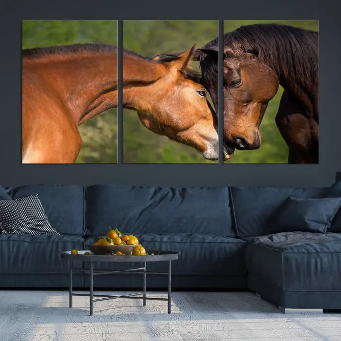 The "Adorable Horse Love Wall Art Animal Canvas Print," a triptych museum-quality canvas, graces the wall, depicting two horses nuzzling. This artwork is ready to hang and includes a UV-protective coating for lasting beauty.