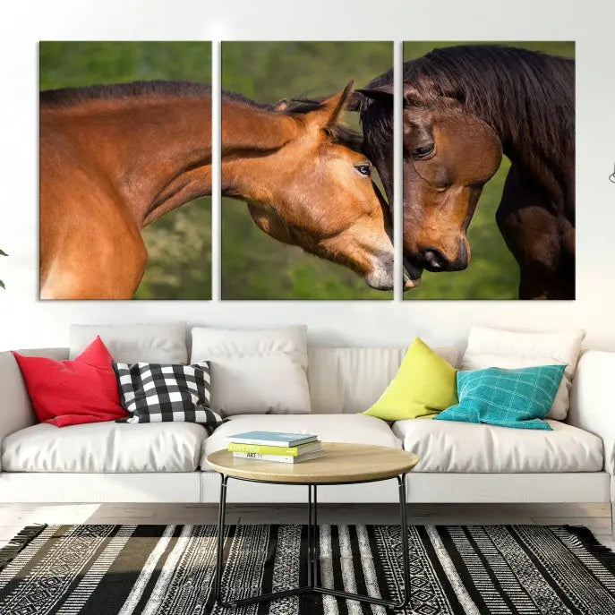 The "Adorable Horse Love Wall Art Animal Canvas Print," a triptych museum-quality canvas, graces the wall, depicting two horses nuzzling. This artwork is ready to hang and includes a UV-protective coating for lasting beauty.