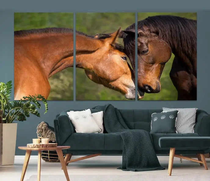 The "Adorable Horse Love Wall Art Animal Canvas Print," a triptych museum-quality canvas, graces the wall, depicting two horses nuzzling. This artwork is ready to hang and includes a UV-protective coating for lasting beauty.