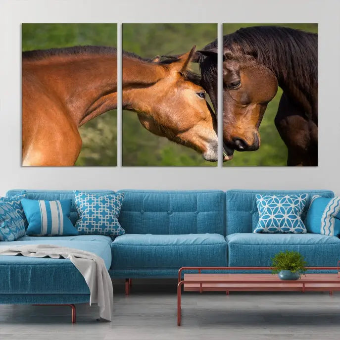 The "Adorable Horse Love Wall Art Animal Canvas Print," a triptych museum-quality canvas, graces the wall, depicting two horses nuzzling. This artwork is ready to hang and includes a UV-protective coating for lasting beauty.