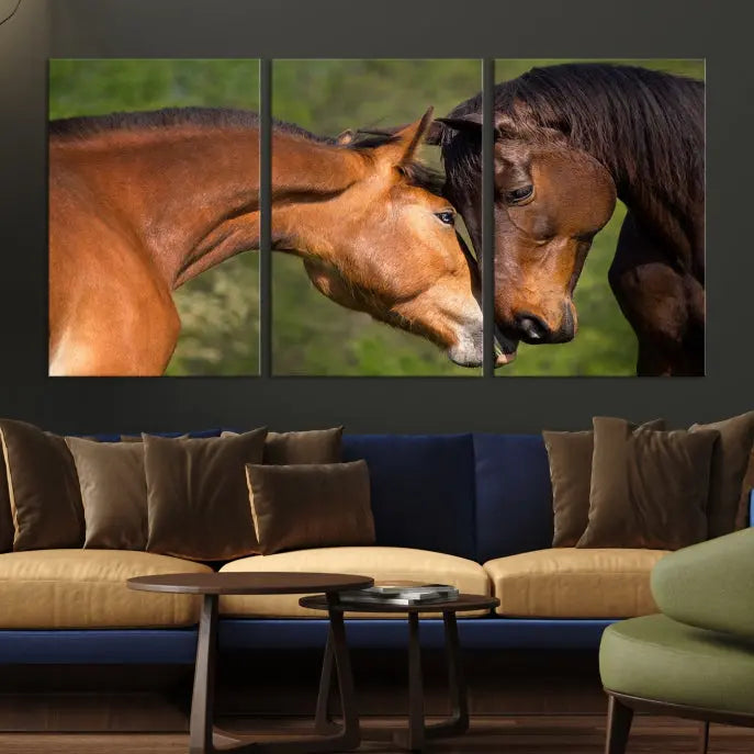 The "Adorable Horse Love Wall Art Animal Canvas Print," a triptych museum-quality canvas, graces the wall, depicting two horses nuzzling. This artwork is ready to hang and includes a UV-protective coating for lasting beauty.